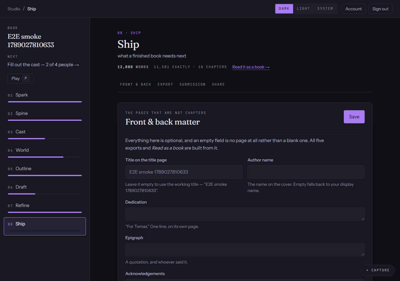 The Publish stage: the export formats and the submission package.