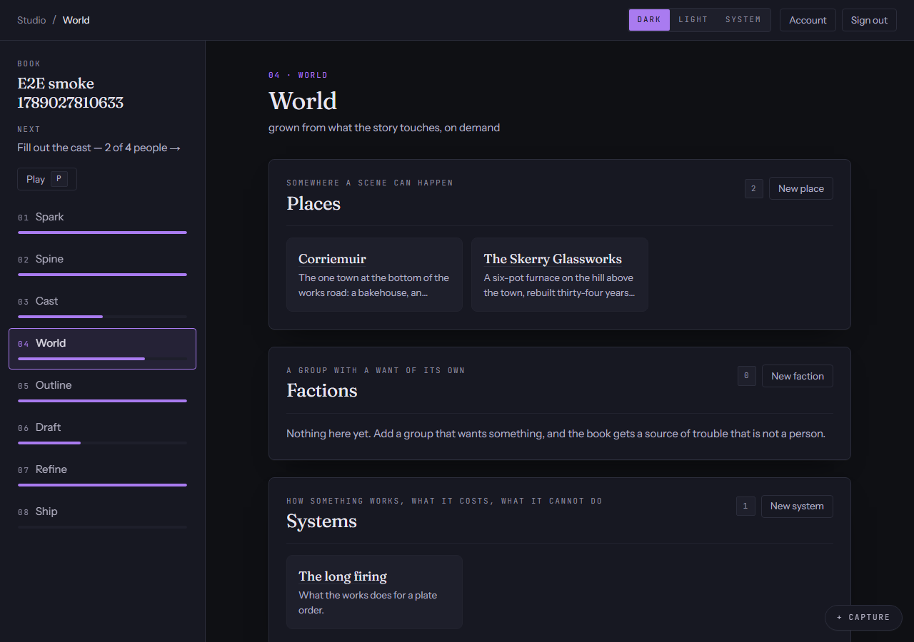The Setting stage: entries for places, factions and systems, with a locked fact.
